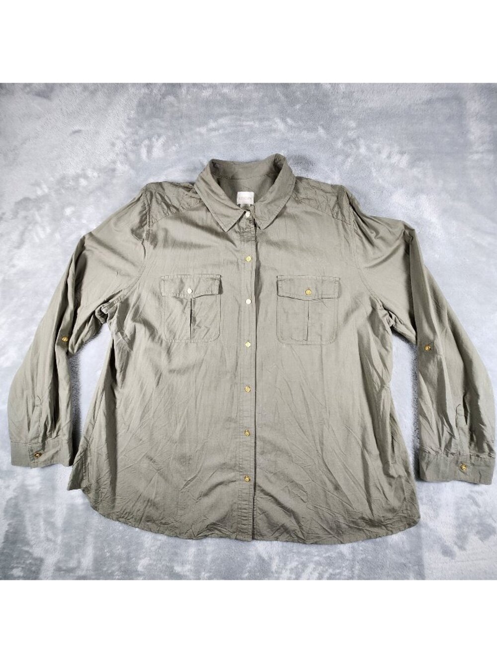 Chicos Roll Tab Blouse Top 3 Olive Green Flap Pockets Embroidered Minimalist